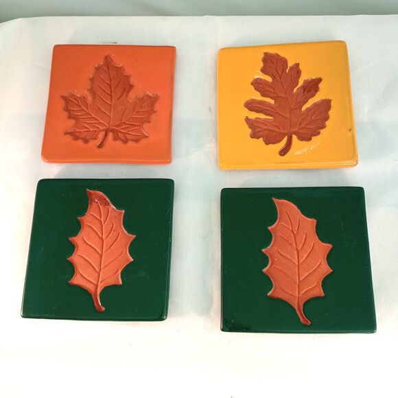 Set Of Four (4)Terra Cotta Coaster Oak & Maple Leaf Design Yellow, Orange, Green - Picture 1 of 2
